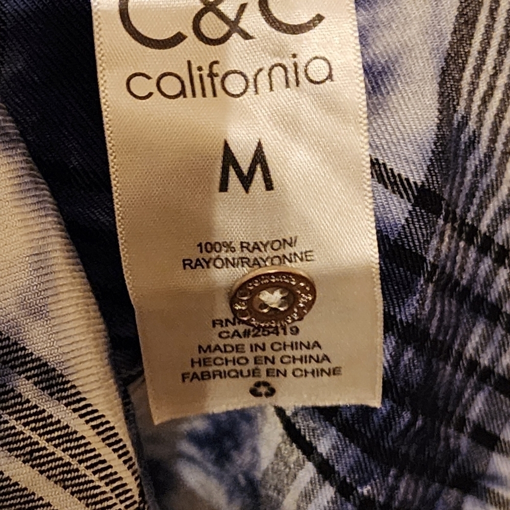 C & C California Womens Size M Blue, Black White Tie Plaid Button Front Shirt - Picture 6 of 6